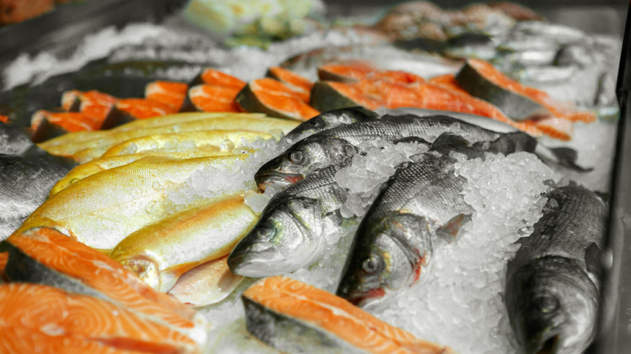 Close up of cooled seafood - trout, sockeye, sea bass, in the market of a fish shop, supermarket, horizontal frame, side view