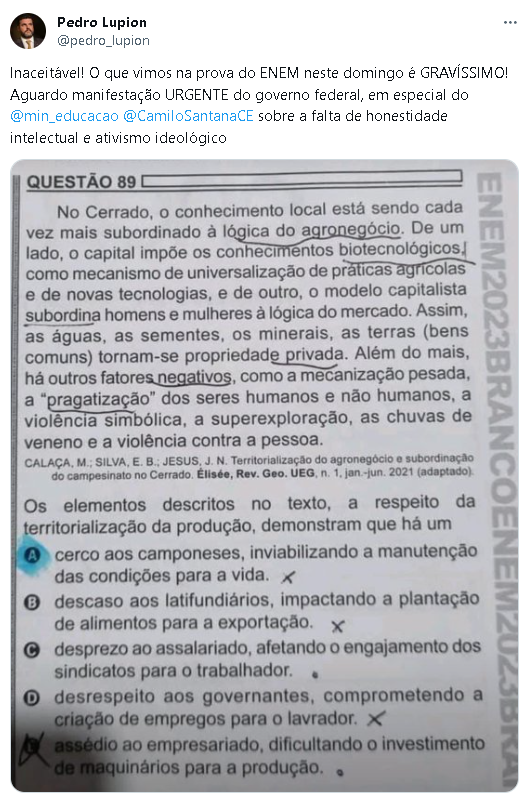 Setor alega que questões do ENEM “demonizam” o agro. Entenda a polêmica:
