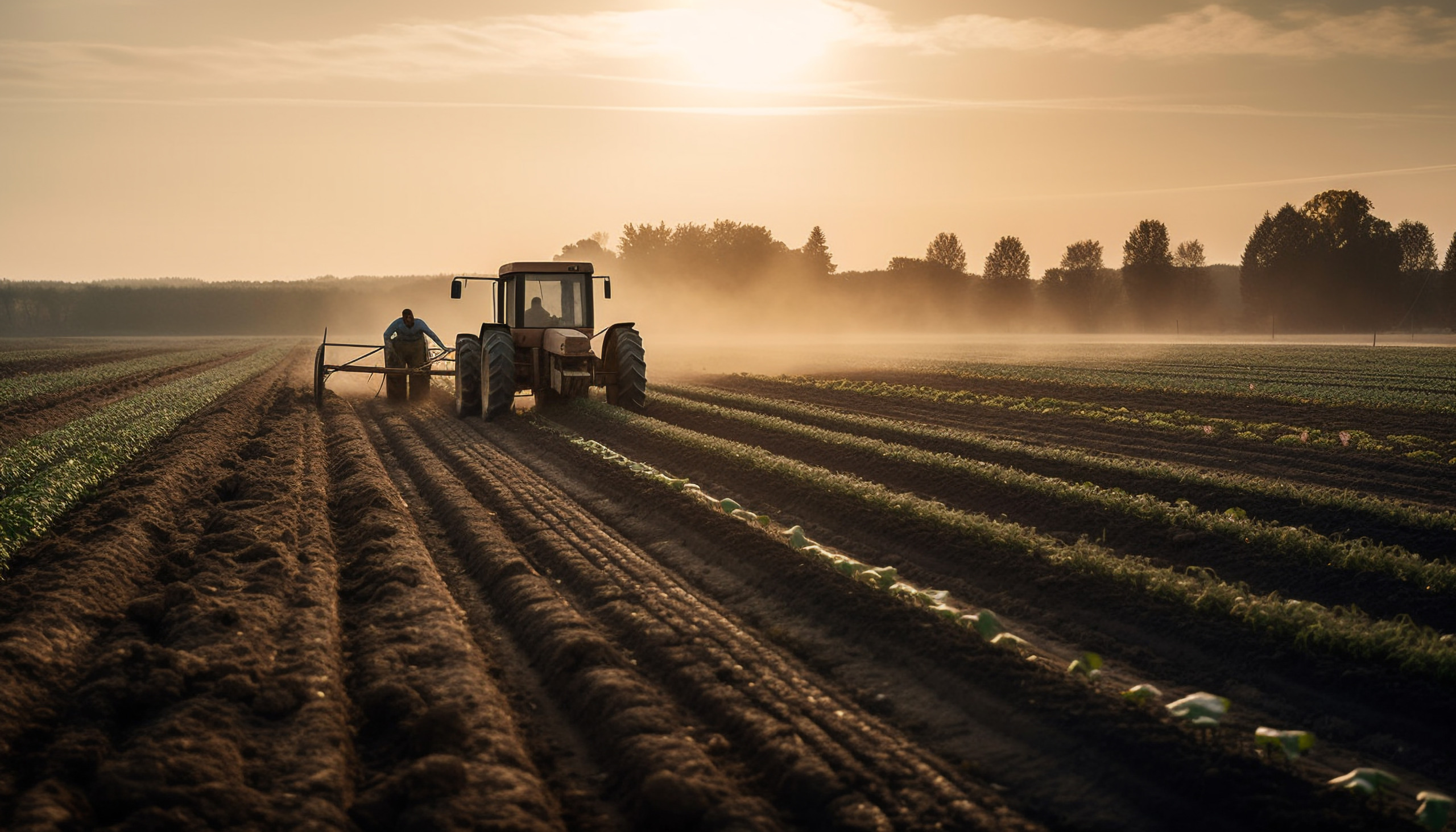 Farm worker driving tractor prepares for harvest generated by artificial intelligence