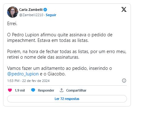 “Errei”, afirma Carla Zambelli, ao excluir nome de Pedro Lupion de lista com pedido de impeachment de Lula