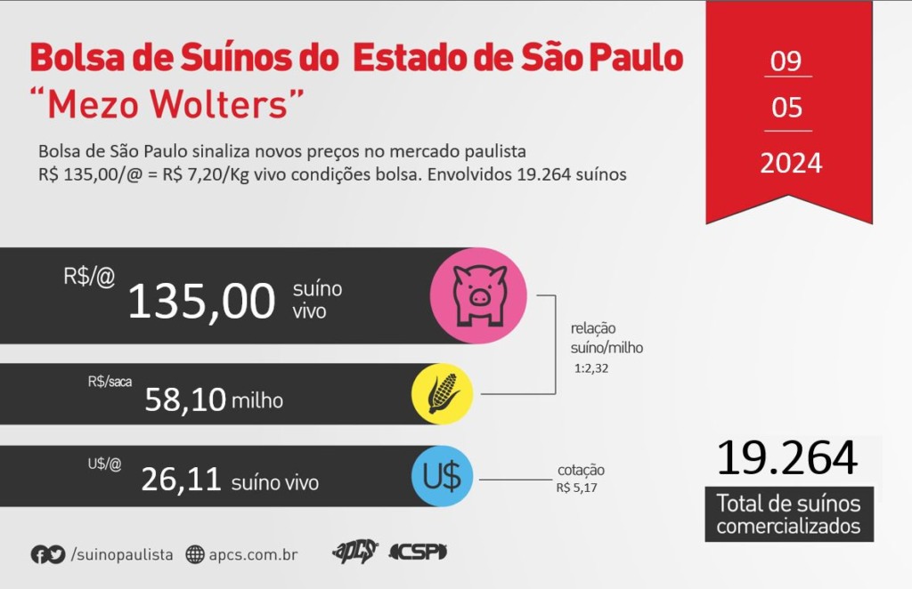 Bolsa de suínos: mercado paulista registra novos valores em Maio; preço por arroba chega a R$ 135 Bolsa de suínos: mercado paulista registra novos valores em Maio; preço por arroba chega a R$ 135