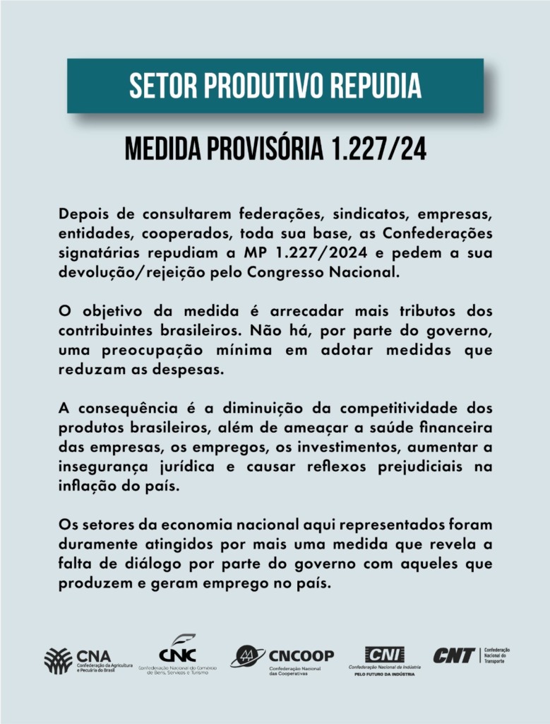 Confederações rejeitam MP que limita uso de créditos do PIS/Cofins em nota de repúdio