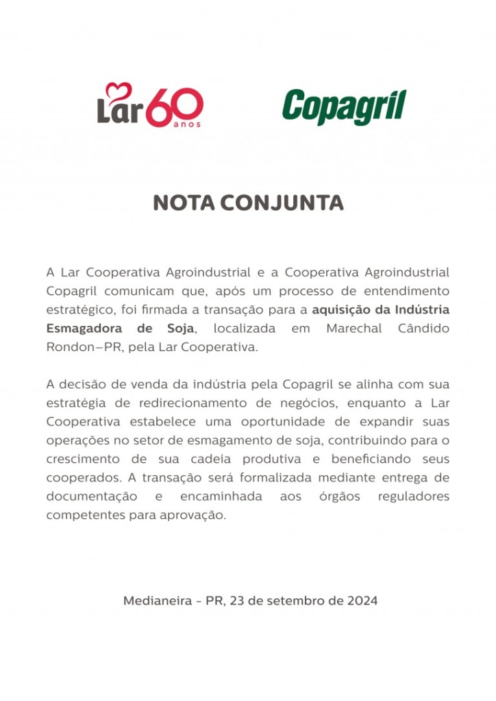 Lar e Copagril anunciam transação de indústria de soja em Marechal Cândido Rondon Lar e Copagril anunciam transação de indústria de soja em Marechal Cândido Rondon