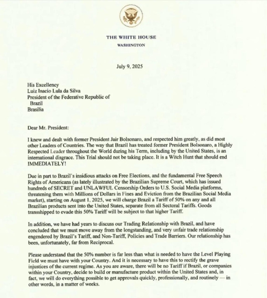 Sobretaxa de 50% dos EUA ao Brasil amplia tensão comercial e ameaça o agro Sobretaxa de 50% dos EUA ao Brasil amplia tensão comercial e ameaça o agro