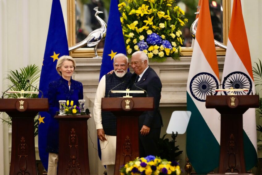 European Commission President Ursula von der Leyen, left, looks on as Indian Prime Minister Narendra Modi, center, and European Council President Antonio Costa greet each other after reaching free trade agreement between India and EU in New Delhi, India, Tuesday, Jan. 27, 2026. (AP Photo/Manish Swarup) European Commission President Ursula von der Leyen, left, looks on as Indian Prime Minister Narendra Modi, center, and European Council President Antonio Costa greet each other after reaching free trade agreement between India and EU in New Delhi, India, Tuesday, Jan. 27, 2026. (AP Photo/Manish Swarup)